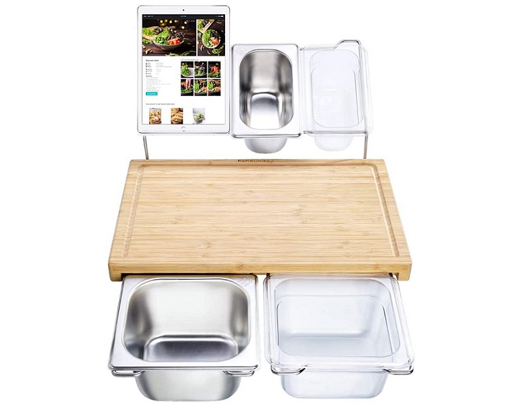 Extensible Bamboo Cutting Board Set with 4 Containers for Kitchen with Juice Groove
